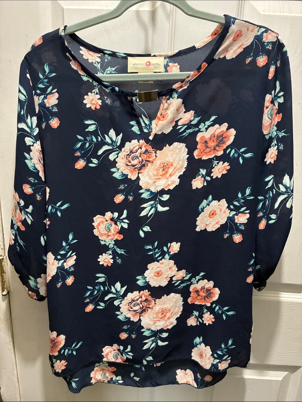 Wishful Park Navy Floral Blouse with Peach Blooms